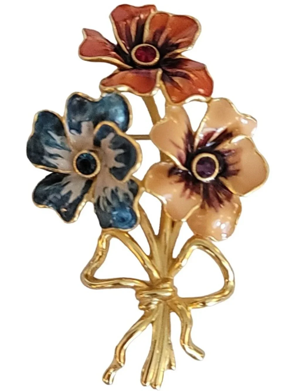 Joan Rivers Orange Red, Blue Enamel Rhinestone Flower Bunch Brooch, Signed K72